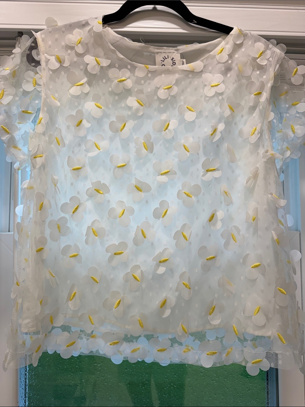 Sheer White Floral Appliqué Short Sleeve Top